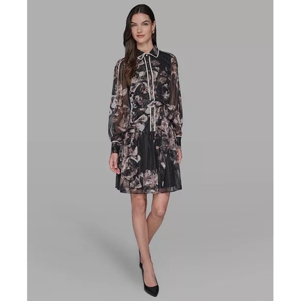 Karl Lagerfeld Paris Floral Metallic Stripe Shirt Dress Black Multi Size 10